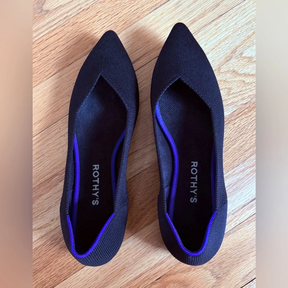 Rothy's The Point II Pointed Flats in Black with Blue Trim - Picture 4 of 5